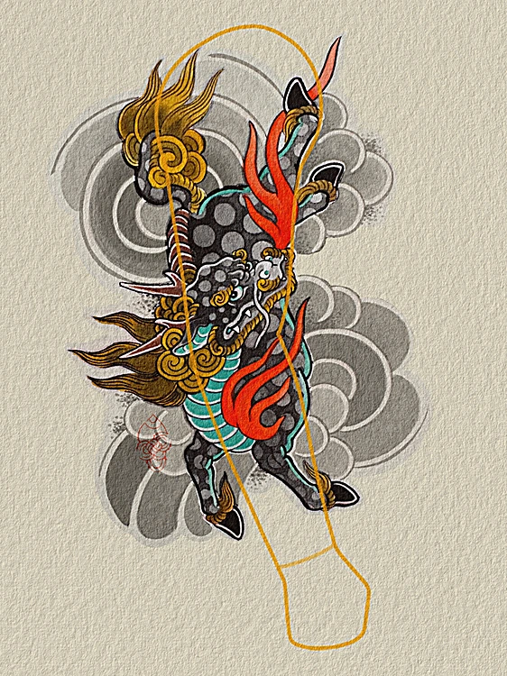 Diseño pintado a mano de un kirin con fuego y nubes, con el contorno del brazo trazado para una manga