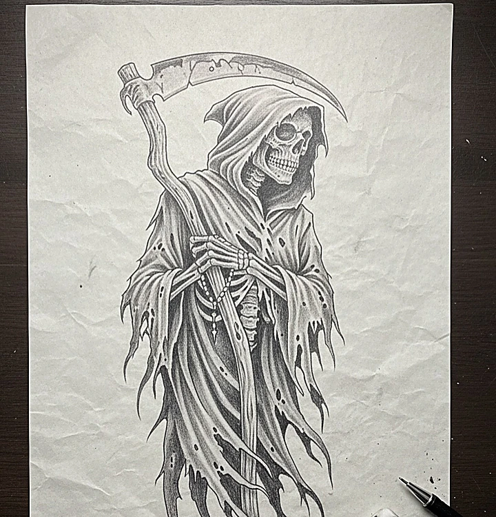 Boceto a lápiz de la Santa Muerte con guadaña
