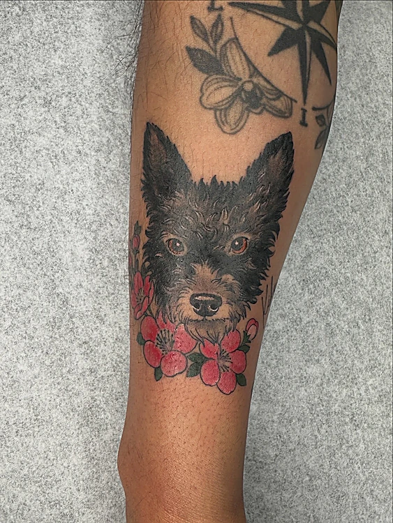 Retrato de un perro en negro y gris con flores rojas debajo, en el antebrazo